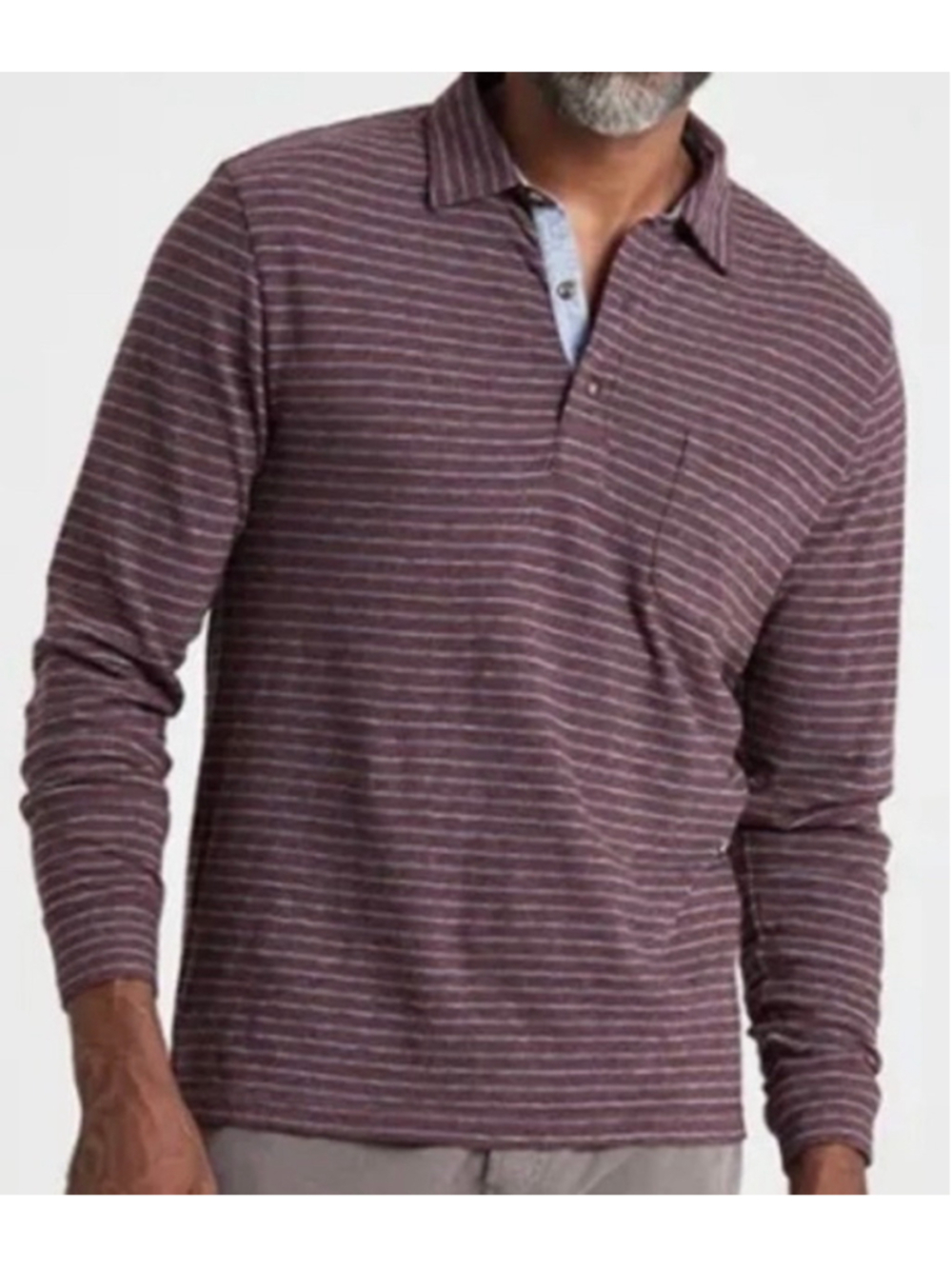 Men's Faherty Brand Long Sleeve Polo Shirt Maroon Blue Striped Size M